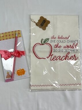 MudPie Tea Towel Apple and Hallmark Notepad with Pencil Teacher Gift Set